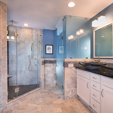 Exquisite Master Bath with 3 Sided Fireplace & Frosted Glass Compartment