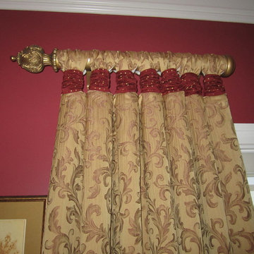 Tab Draperies with Shirred Tab Sleeves on Decorative Wood Pole & Finials