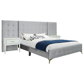 Picket House Furnishings 133"W Wood King Bed with 2 Nightstands in Silver Grey