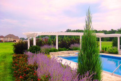 Example of a trendy backyard stamped concrete and rectangular pool design in Indianapolis