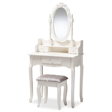 Traditional White Finished Wood 2-Piece Vanity Table With Mirror and Ottoman