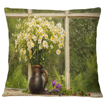 Still Life Bouquet of Chamomiles Modern Landscape Printed Throw Pillow, 16"x16"