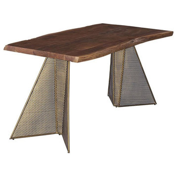 Maklaine 63" Modern Wood Desk with Antique Brass Leg in Brown