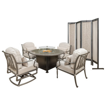 Bel Air 5-Piece Lounge Chairs With Terrace Round Fire Table, Pillows and Screen