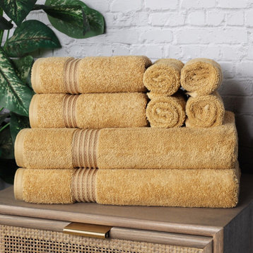 8 Piece Egyptian Cotton Solid Face Hand Bath Towels, Gold