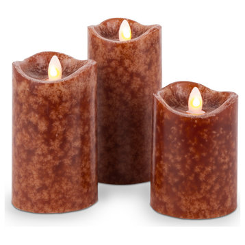 Set of 3 Brown LED Pillar Candles With Aurora Flame and Remote Control