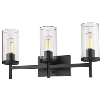 Winslett 3 Light Bath Vanity, Matte Black With Ribbed Clear Glass