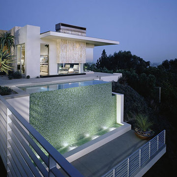 Hollywood Hills Glass Tile Swimming Pool, Vanishing Edge Spa, Entry Watershape
