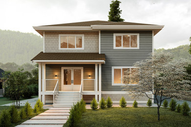 Example of a mid-sized arts and crafts multicolored three-story mixed siding and clapboard house exterior design in Vancouver with a hip roof, a shingle roof and a brown roof