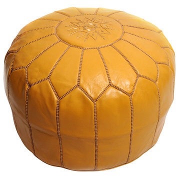 Moroccan Leather Pouf, Mustard