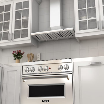 White farmhouse kitchen featuring a ZLINE KB Stainless Steel Wall Range Hood