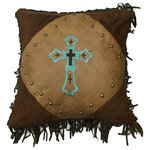 Paseo Road by HiEnd Accents - Embroidered Cross Pillow, 18"X18" - This Las Cruses decorative toss pillow features a beautifully embroidered turquoise cross of faux tan leather, accented with gold studs and fringe.