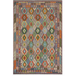 Bareens Designer Rugs - Tribal Turkish Kilim Graham Hand-Woven Wool Rug - 8'2'' x 9'10'' - Elevate the elegance of your home with this stunning hand-woven tribal Kilim wool rug. Meticulously crafted on a loom by the Nomad Turkman people using hand-spun wool and 100% natural vegetable dyes, these rugs are recognized for their repetitive geometric patterns, incorporating naturalistic floral and traditional designs. The contemporary fashion palette results in bold, sharp patterns that are incredibly versatile, as the pattern is the same on both sides. These reversible rugs feature a lighter shade on one side and brighter colors on the other, providing versatility according to preference. These unique rugs are made by knotting short strands of different colors onto the warps and securing them by tightly pressing the wefts. The designs are created by interweaving the various colored wefts and warps. Kilims are known for their exceptional durability and versatility, making them truly unique rugs.  Product Details    Rug Size: 8'2'' x 9'10''  Material: 100% Wool  Style: Kilim, Flat Weave, Dhurrie, Turkish, Southwestern, Rustic, Tribal  Colors: Purple, Blue  Weave Type: Hand-Woven, Handmade  Pile Height: Less than 0.25 inch