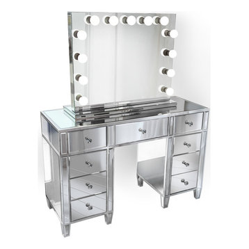 48" Mirrored Vanity Table MultiDrawer With LED Dimmable Hollywood Mirror and Ch
