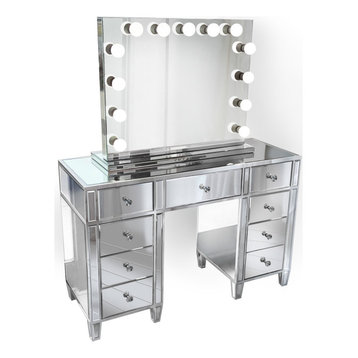 48" Mirrored Vanity Table MultiDrawer With LED  Dimmable Hollywood Mirror and Ch