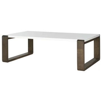 Contemporary Coffee Table, Wooden Legs and Large Lacquered Top, Dark Brown/White