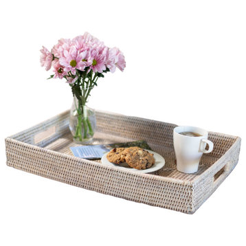 Artifacts Rattan Rectangular Tray With Cutout Handles, White Wash