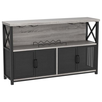 Industrial Bar Cabinet, Mesh Cabinet Doors & Glassware Rack, Light Gray Oak