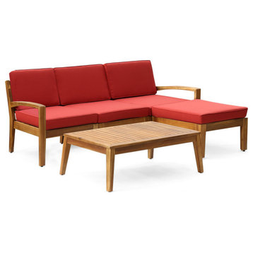 GDF Studio Grenada 3-Seater Acacia Sectional Set With Coffee Table and Ottoman, Teak Finish/Red