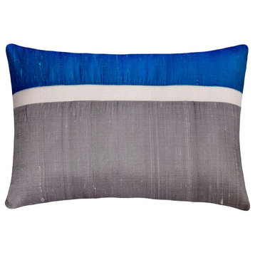 Royal Blue Silk Patchwork 12"x20" Lumbar Pillow Cover - Plush Royal Blue Silk