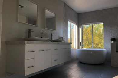 Large trendy master bathroom photo in Las Vegas with white cabinets and quartz countertops