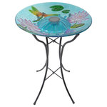 Teamson Home - Solar Bird Bath Outdoor Garden Fusion Glass - Provide a gathering space in your backyard for your feathered friends with the Teamson Home 18" Outdoor Solar Glass Dragonfly Birdbath with LED Lights and Stand. This colorful glass birdbath provides a sanctuary for all types of birds while also adding a pop of color to your outdoor living space, yard, or lawn. Featuring a multi-colored design with a dragonfly and flowers, this stylish lawn decoration creates visual interest in your outdoor area. Fill this birdbath with water or with seed to transform it into a colorful feeder. This birdbath also includes a solar cell that charges during the day and lights up the built-in LEDs at night to illuminate your garden. Constructed from sturdy and resilient glass with an included metal stand, the bird bowl is built for years of quality outdoor use. The sturdy metal legs provide stability and prevents tipping when multiple birds gather on the bowl. For easy setup, teardown, and storage when not in use, the metal stand can fold down to a compact size. This dragonfly birdbath is both stylish and functional, and it provides a fun addition to your courtyard, patio, or yard. This compact birdbath measures 18"L x 18"W x 21.2"H to fit almost any outdoor area and step-by-step instructions are included for easy assembly.