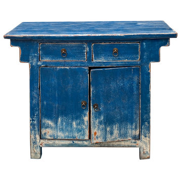 Chinese Oriental Distressed Bright Blue Credenza Side Foyer Table Hcs7492