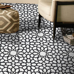 Moroccan Mosaic & Tile House - Bahja Handmade Cement Tile, White/Black, Set of 12 - Wall And Floor Tile