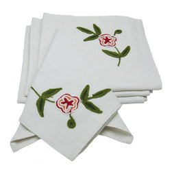 Xia Home Fashions - Crewel Embroidered Flora Linens Collection Napkins, Garden Red, 21x21, Set of 4 - Napkins