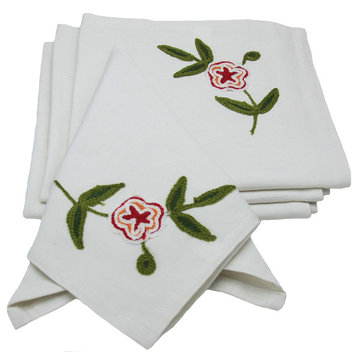 Crewel Embroidered Flora Linens Collection Napkins, Garden Red, 21x21, Set of 4