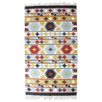 Handmade Geometric Kaleidoscope  Wool area rug (5x8) - India