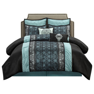 Arabesque 8-Piece Comforter Set, Black/Blue, California King