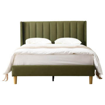 Modern Platform Bed, Flannel Upholstered Wingback Headboard, Grass Green/Queen