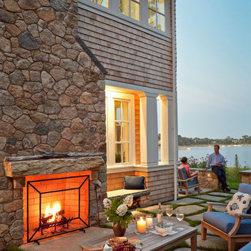 Harborside Patio & Outdoor Stone Fireplace - Salt Pond Tee - Custom Home on on C