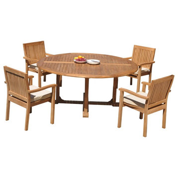 5-Piece Outdoor Teak Dining Set: 72" Round Table, 4 Leveb Stacking Arm Chairs