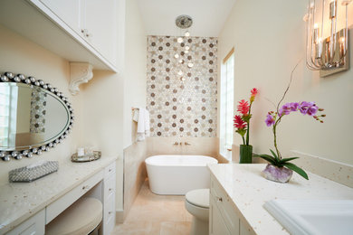 Large transitional master beige tile and porcelain tile porcelain tile, beige floor and single-sink bathroom photo in Other with shaker cabinets, white cabinets, gray walls, a drop-in sink, quartz countertops, a niche and a built-in vanity