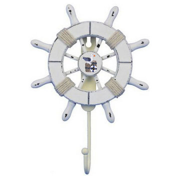 Rustic All White Decorative Ship Wheel with Seagull and Hook 8' - Wall Hook