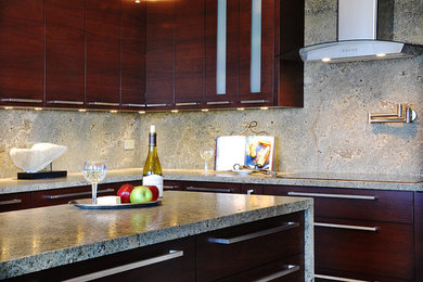 Inspiration for a mid-sized contemporary u-shaped enclosed kitchen remodel in Miami with flat-panel cabinets, brown cabinets, marble countertops, gray backsplash, stone slab backsplash and an island
