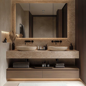 Walnut Veneer Floating Vanity: Modern Bathroom Sink Cabinet with Open Shelf