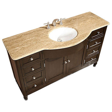 58 Inch Large Walnut Bathroom Vanity, Single Sink, Choice of Top, Transitional