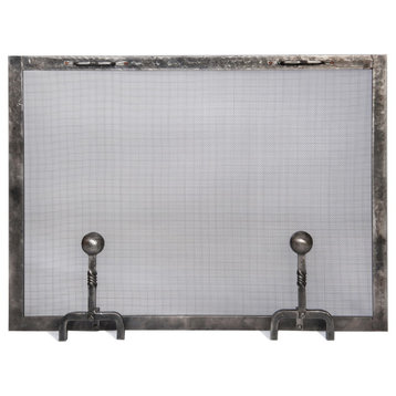 Forged Iron Fireplace Screen with Ball Andiron Feet, Small