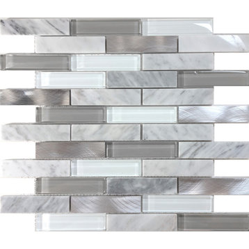 White Carrara Stone Metal Gray Mosaic Tile Backsplash, 12"x13.75"