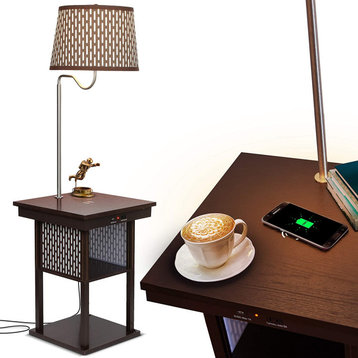 Brightech Madison LED Floor Lamp With USB Port and Wireless Charging Pad, Brown