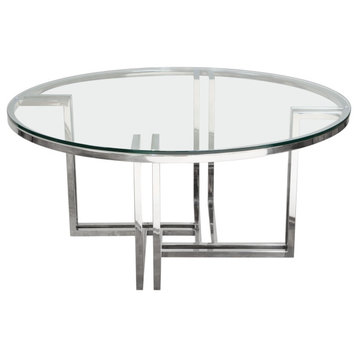 Steel Round Cocktail Table Clear Tempered Glass Top