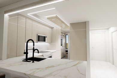Minimalist vinyl floor kitchen photo in Other with flat-panel cabinets, quartz countertops and stainless steel appliances