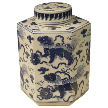 Blue and White Foo Dog Motif Porcelain Tea Caddy Jar, 11.5"