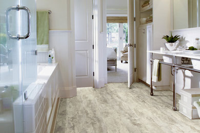 Inspiration for a contemporary master beige floor bathroom remodel in Cleveland with open cabinets, beige walls and a hinged shower door