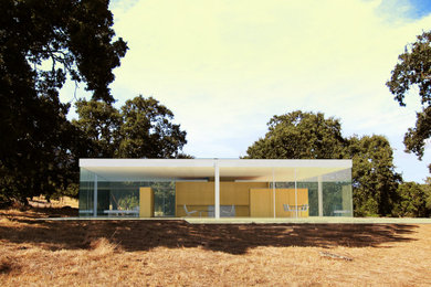Imagen de fachada de casa blanca moderna de tamaño medio de una planta con revestimiento de vidrio, tejado plano y tejado de metal