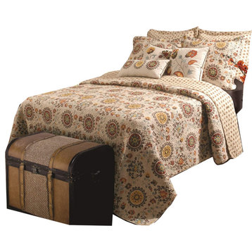 Elbe 5 Piece Queen Quilt Set With Medallion and Floral Pattern, Beige and Brown