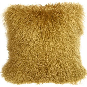 100% Authentic Mongolian Sheepskin Throw Pillow with Insert (16+ Colors), Soft Gold, 18"x18"